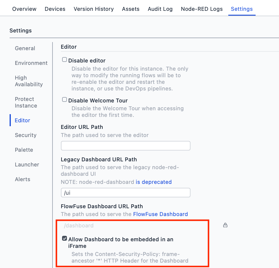 FlowFuse instance settings showing the option to allow dashboard embedding in an iframe.