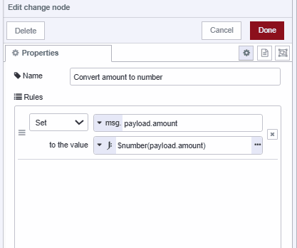 Screenshot displaying the change node converting amount to number "Screenshot displaying the change node converting amount to number"