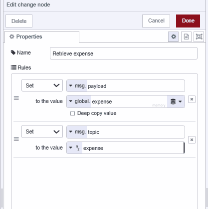 Screenshot displaying the change node retrieving expense data from global context "Screenshot displaying the change node retrieving expense data from global context"