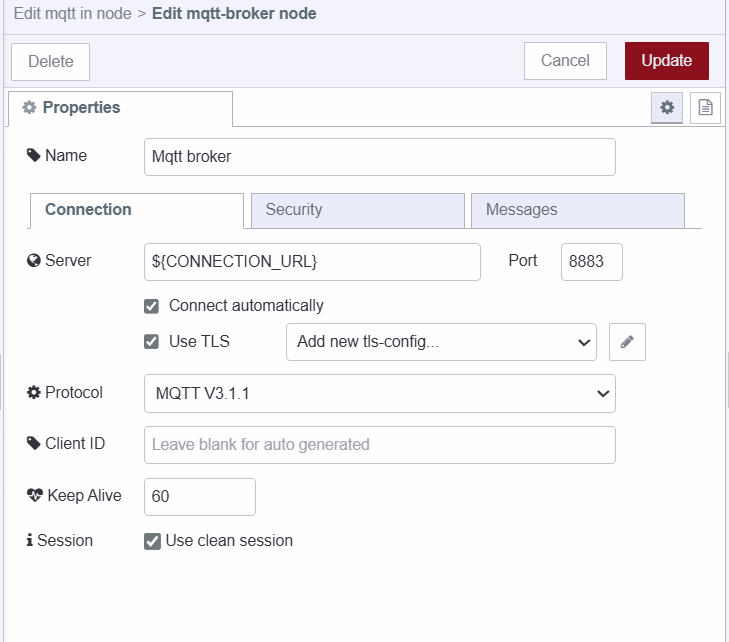 "Screenshot of mqtt broker config node's connection tab"