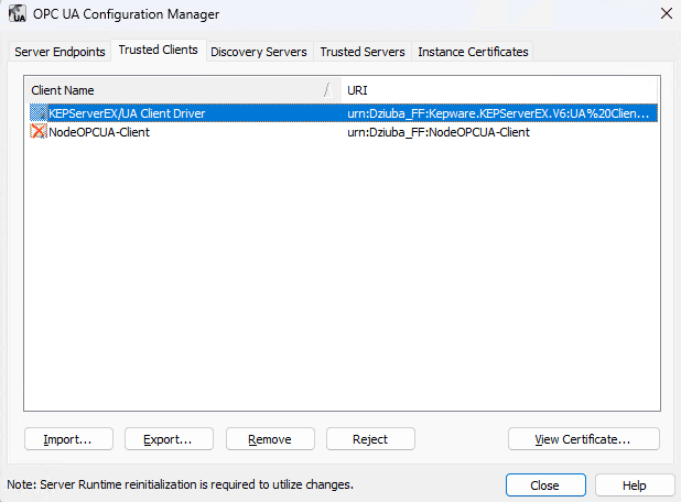 kepware node-red trusted client before